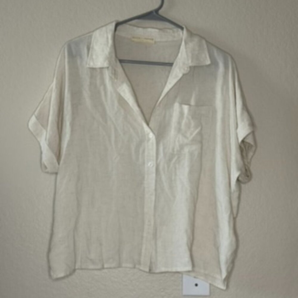 Stitch + Feather Linen-Blend Button-Up Blouse (Size S)